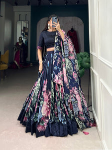 Navy blue Tussar floral print Lehenga (skirt stitched)