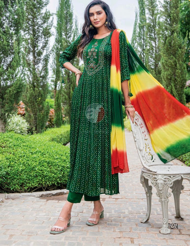 Bandhani chiffon salwaar kameez - readymade in green (plus size too)