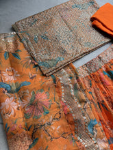 Mustard yellow organza bird and floral print Lehenga