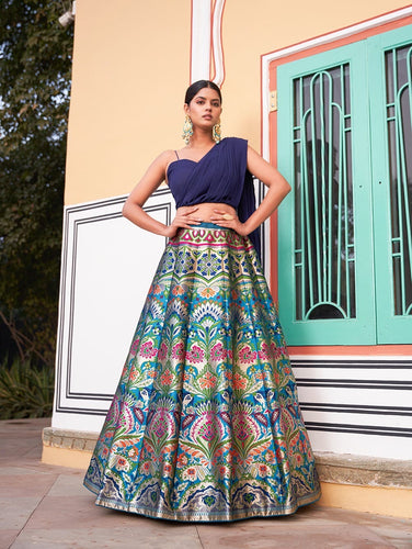 Indo western: Blue and sleek banarasi Lehenga