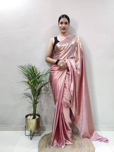 Rose gold shimmer satin silk - one minute reaydmade saree