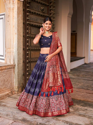 Tussar silk and ajrakh print Lehenga in navy blue