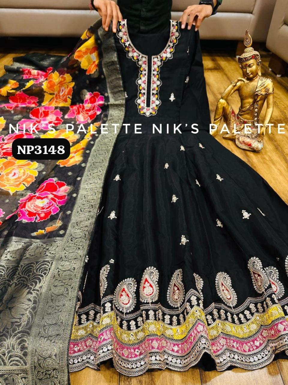 Niks collection - black keri design modal silk anarkali