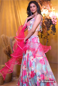 Boutique collection - pink and dusty mauve floral Lehenga with ruffle dupatta