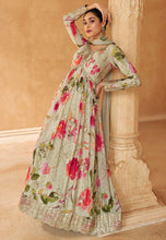 Floral printed chinon anarkali in mint green