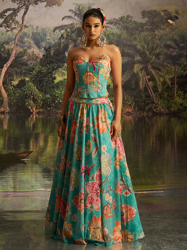 Sea green floral corset style readymade Lehenga