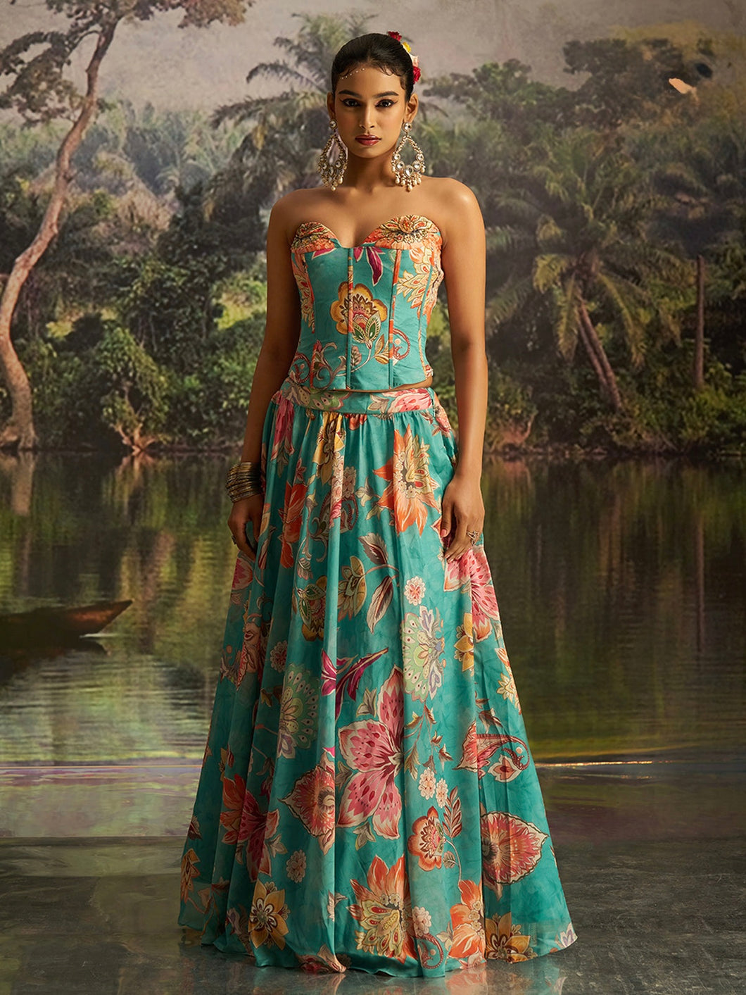 Sea green floral corset style readymade Lehenga