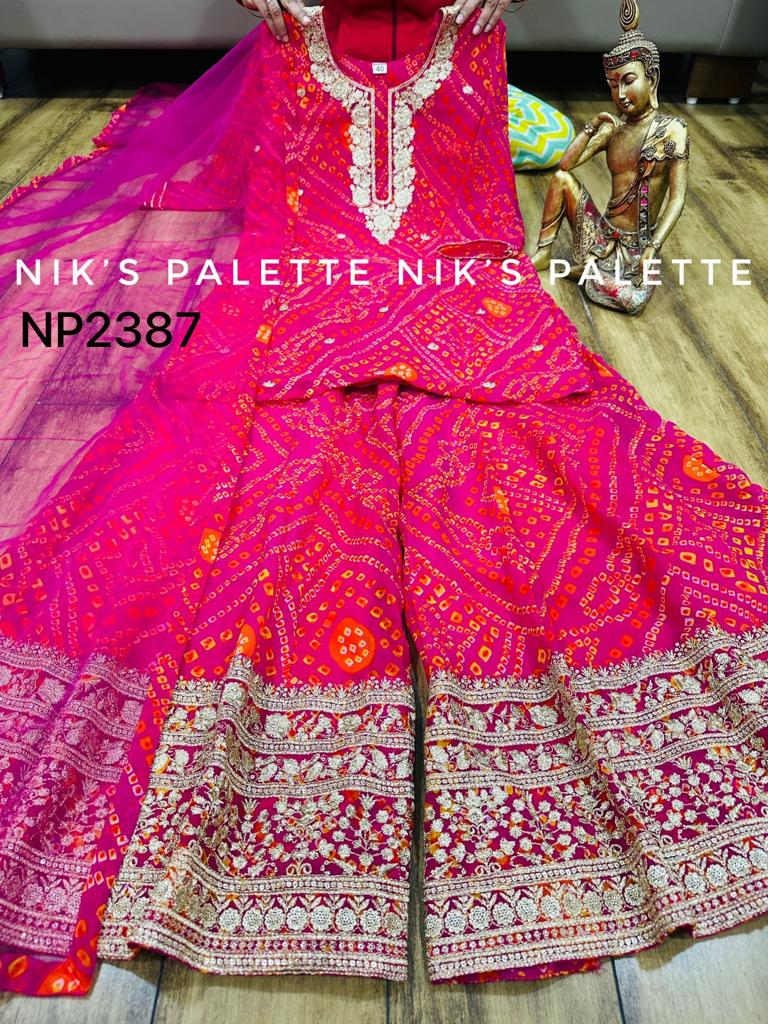 Niks collection - 3 piece bandhani suit in rani pink