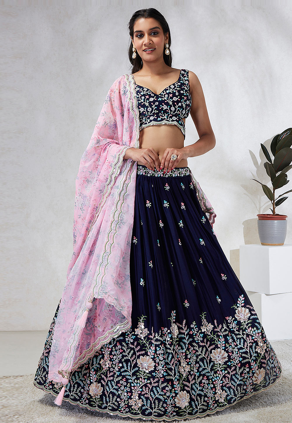 Navy blue Lehenga with floral dupatta