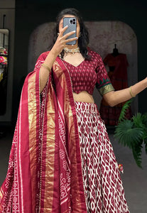 Tussar silk ikkat print Lehenga in maroon (skirt stitched)