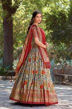 Tussar silk floral kalamkari print Lehenga in grey and red