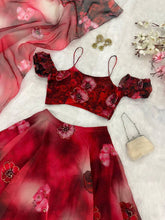 Red shaded floral organza lehenga