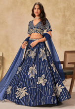 Blue sequins leaf embroidered silk Lehenga