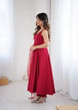 Roman chanderi silk anarkali set in maroon (sleeves available)