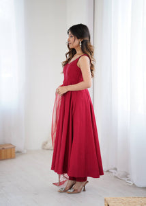 Roman chanderi silk anarkali set in maroon (sleeves available)