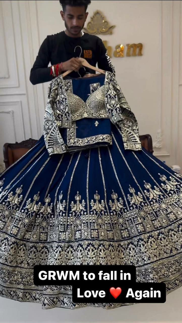 Navy blue sequins and thread Lehenga