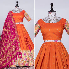 Orange jacquard silk and pink bandhani Lehenga