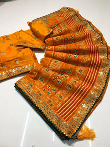 Georgette bandhani saree with gota patti border with 2 blouses - lots of colours