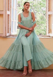 Sky blue georgette centre slit anarkali with pants
