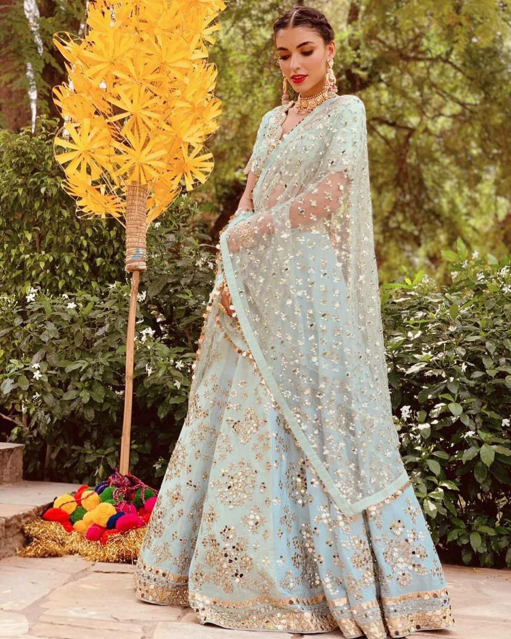 Sky blue and gold motifs Lehenga