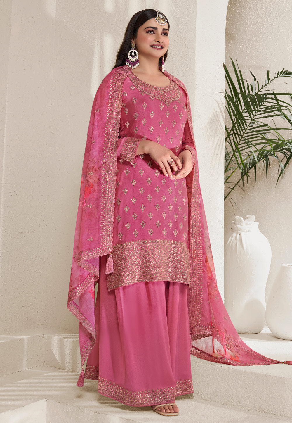 Prachi Desai pink chinon silk suit