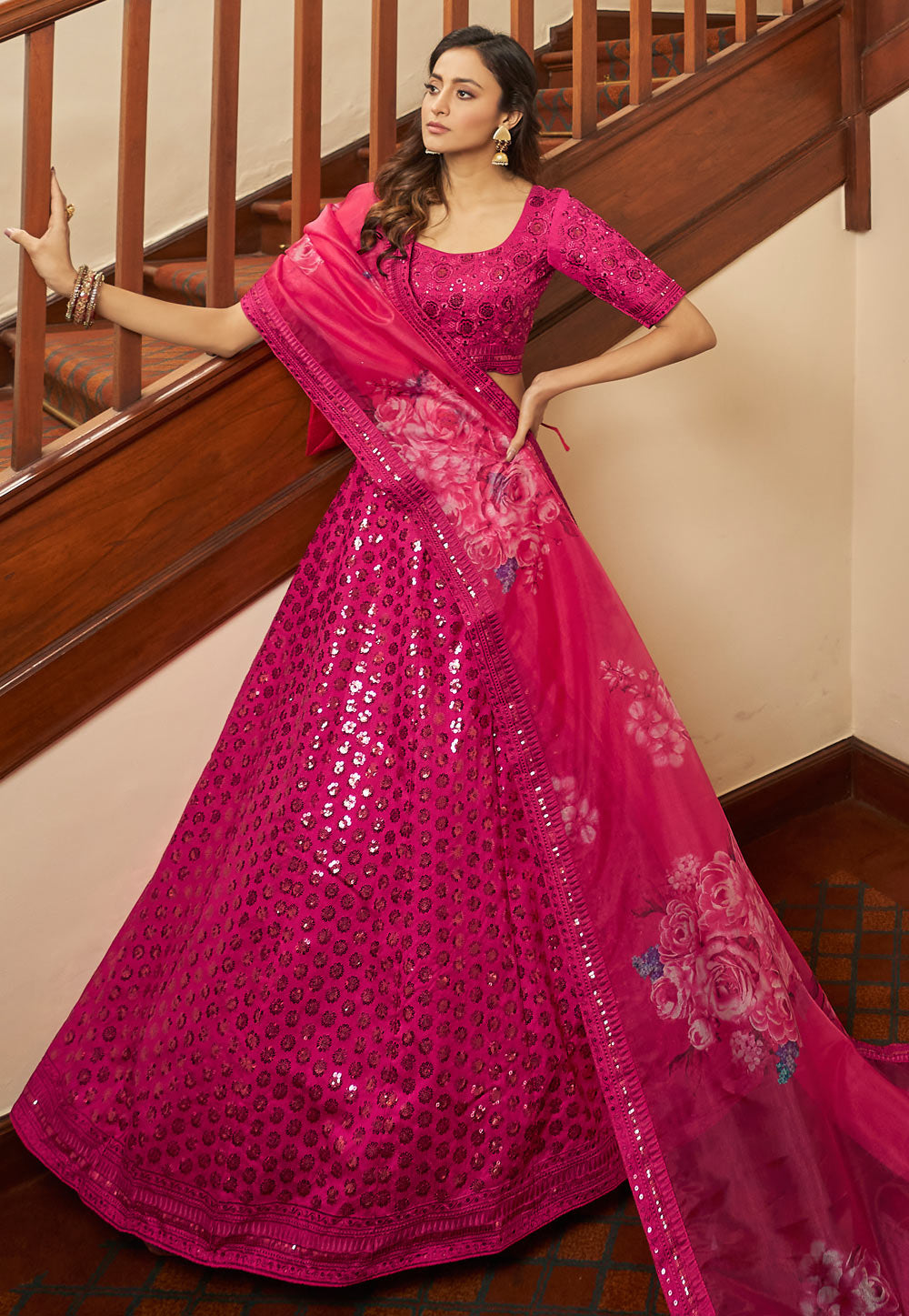 Pink art silk Lehenga with organza dupatta