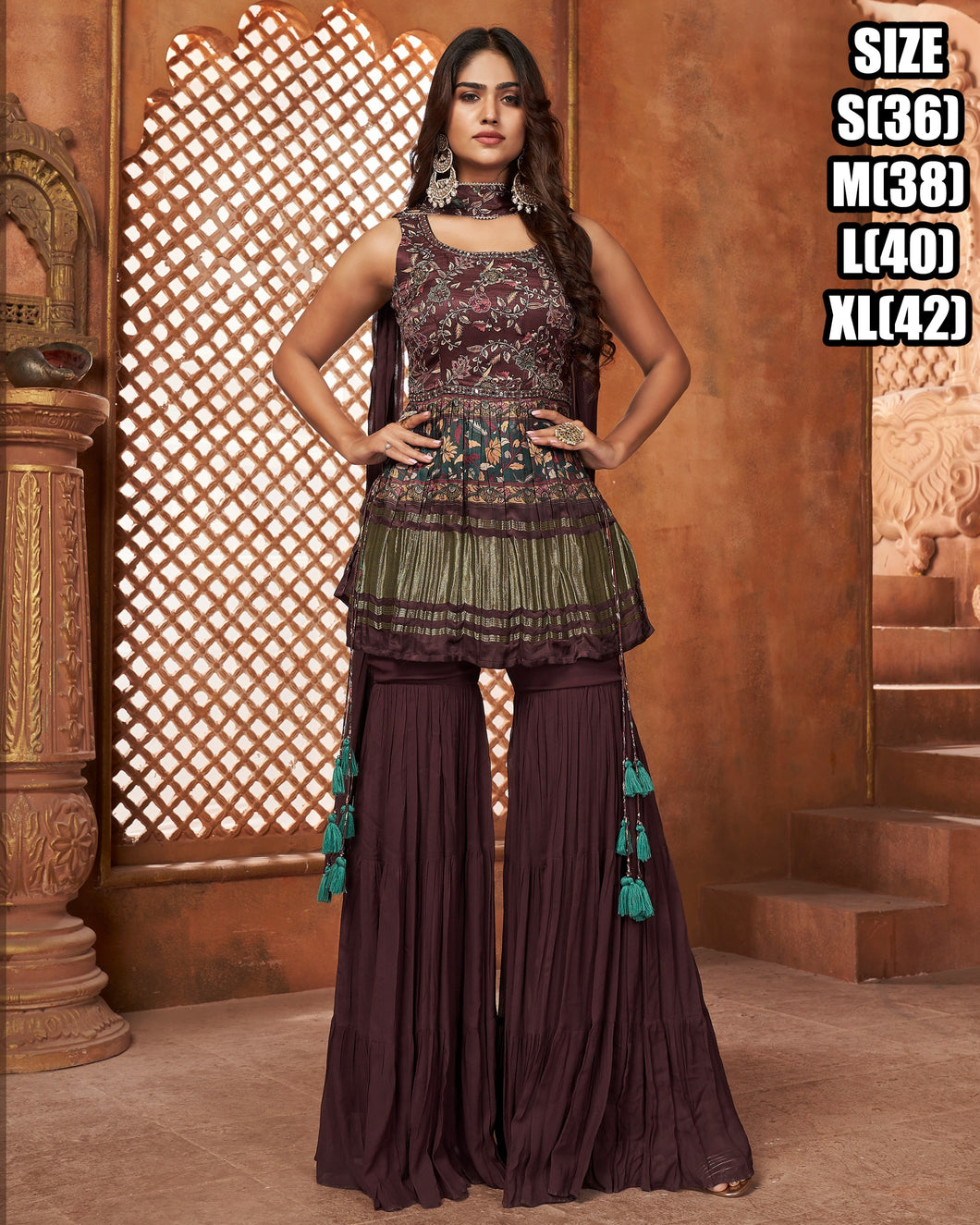 Peplum and bandhej print shararas readymade