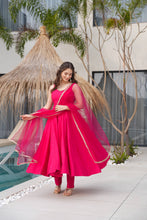 Roman chanderi silk anarkali set in Rani pink (sleeves available)