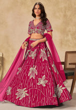 Magenta sequins leaf embroidered silk Lehenga
