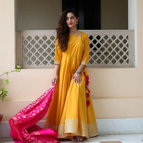 Mustard gown with banarasi dupatta readymade (available in plus sizes too up to 64 inches bust)