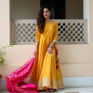 Mustard gown with banarasi dupatta readymade (available in plus sizes too up to 64 inches bust)
