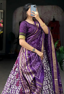 Tussar silk ikkat print Lehenga in purple (skirt stitched)