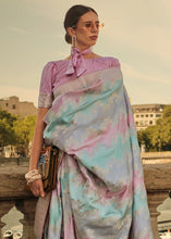 Multicoloured pastel rangkat silk saree in sky blue, lilac and baby pink tones