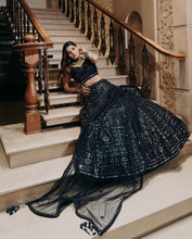 Black silk partywear mirror work Lehenga