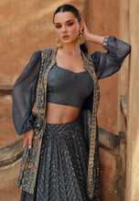 Janisha -  grey chinon silk Lehenga with short jacket