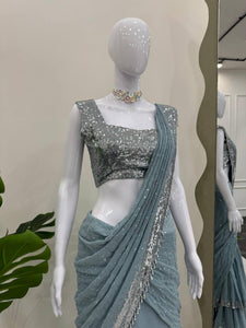 Light blue sequinned layered Lehenga saree