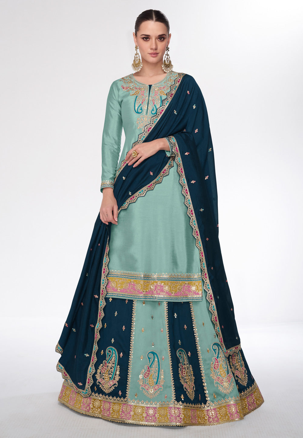 Sea green silk Indo western Lehenga with long top