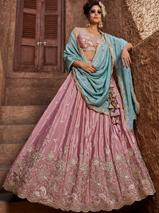 Pink satin silk Lehenga with contrasting dupatta