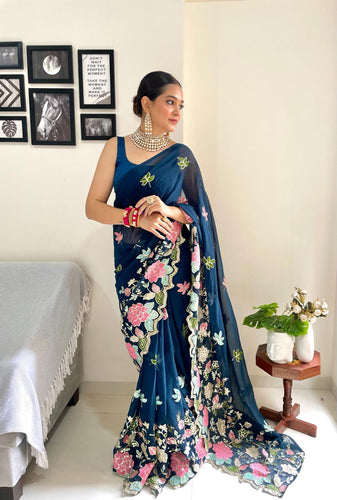 Floral sequins saree with multi colour embroidery in blue