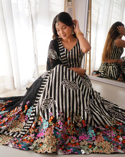 Black, silver sequins and multi florals