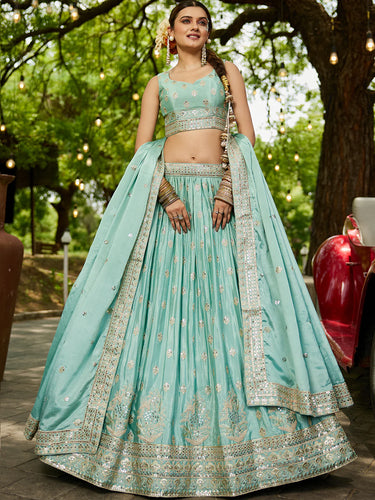 Sea green chiffon embroidered Lehenga