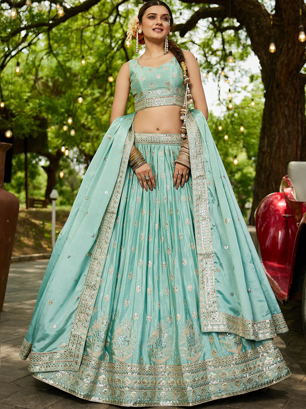 Sea green chiffon embroidered Lehenga