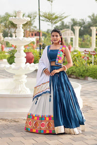 Blue and white panel gamthi embroidered Lehenga