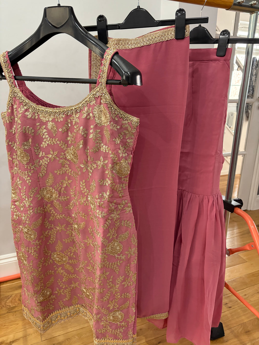 Dusty rose sharara with gold floral detailing