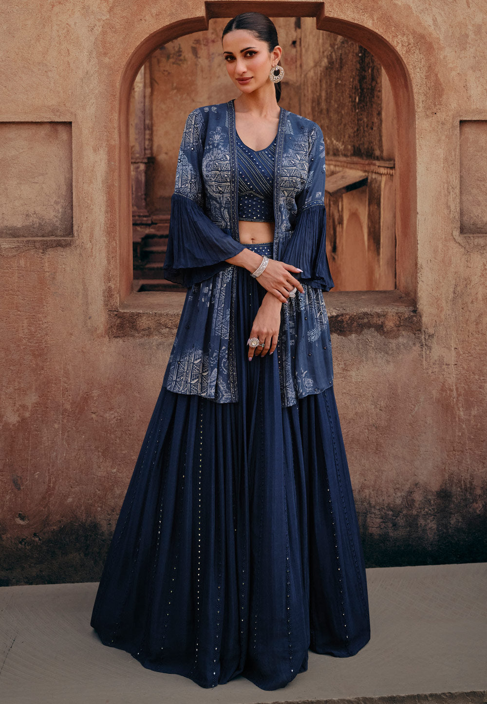 Janisha -  navy blue chinon silk Lehenga with short jacket