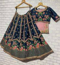 Dusty dark green satin Lehenga with a pop of florals