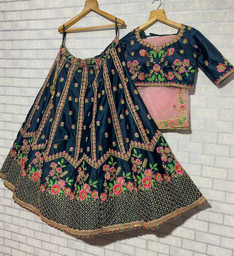 Dusty dark green satin Lehenga with a pop of florals