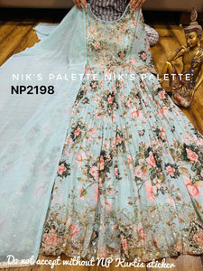Niks - georgette printed sky blue anarkali