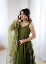 Roman chanderi silk anarkali set in Mehendi green (sleeves available)