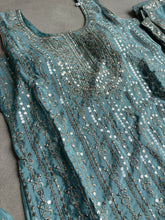 Pastel collection - Aqua blue chine sequins mirror look embroidered sharara set (plus size)
